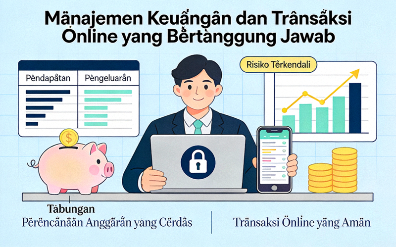 Ilustrasi manajemen keuangan dan transaksi online yang bertanggung jawab