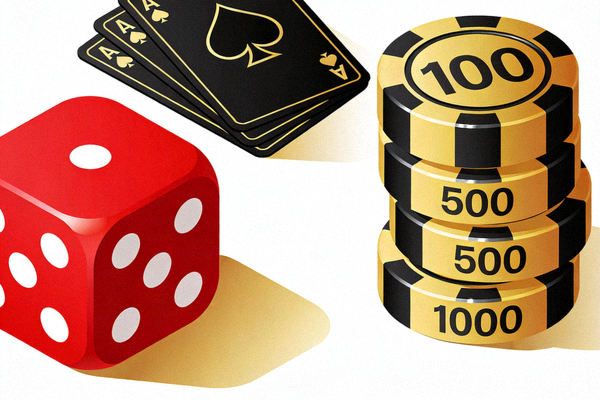 Koleksi ikon permainan casino online seperti dadu, kartu, dan chip